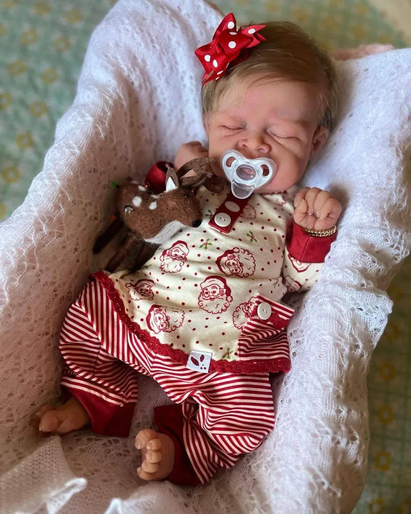 Tessa sleeping silicone reborn doll resting in a basket with a plush toy